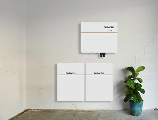 Dura5 home battery and Dura-i inverter in situ on a wall