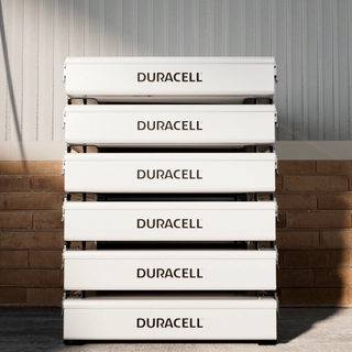 Dura5 home solar battery stacked in situ in a garage