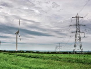 Power lines and wind turbines