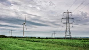 Power lines and wind turbines